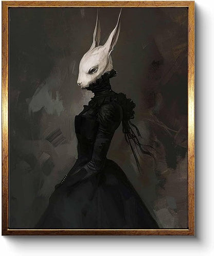 VIYYIEA Framed Canvas Wall Art Home Decor Gothic Room Decor Aesthetic Prints, Vintage Rabbit Lady Easter Bunny Wall, Aesthetic Dark Academia Halloween Wall Pictures Gold Framed Goth Artwork 12x16in