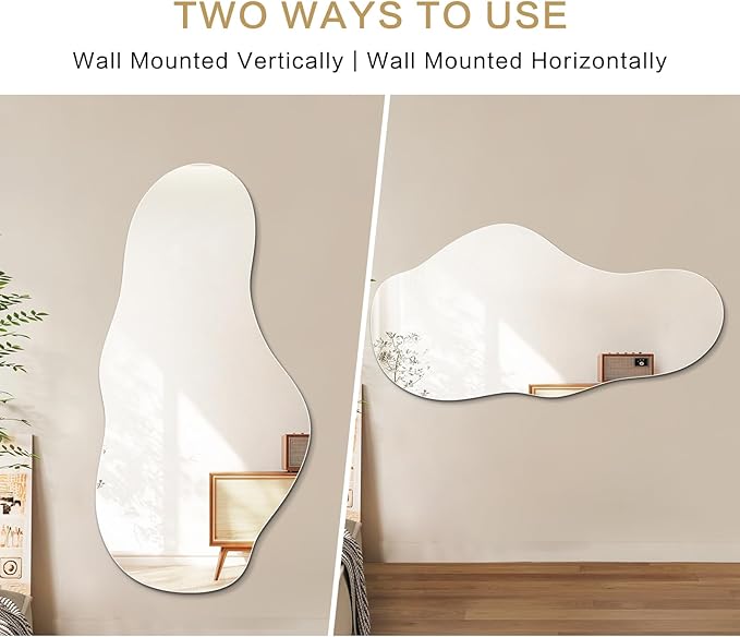 Niccy 48"×24" Frameless Cloud Full Length Mirrors, Long Wall-Mounted Mirror for Living Room, Large Full Body Mirror, Explosion-Proof Tall Hanging-Mirror for Bathroom Bedroom Entryway Decor