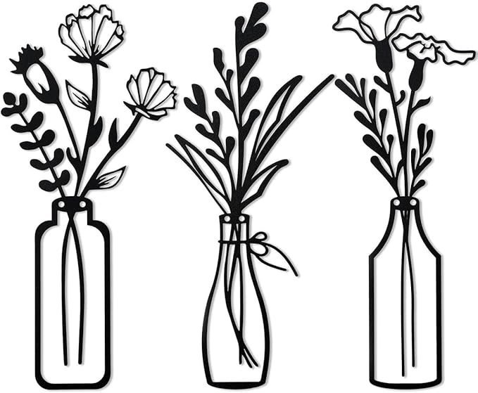 PAASTAI 3 Pieces Metal Flowers Wall Art - Minimalist Farmhouse Wall Hanging Decor for Living Room, Bedroom, Kitchen, Bathroom, Hallway - Floral Home and Office Decor (DK-03)