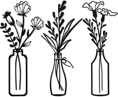 PAASTAI 3 Pieces Metal Flowers Wall Art - Minimalist Farmhouse Wall Hanging Decor for Living Room, Bedroom, Kitchen, Bathroom, Hallway - Floral Home and Office Decor (DK-03)