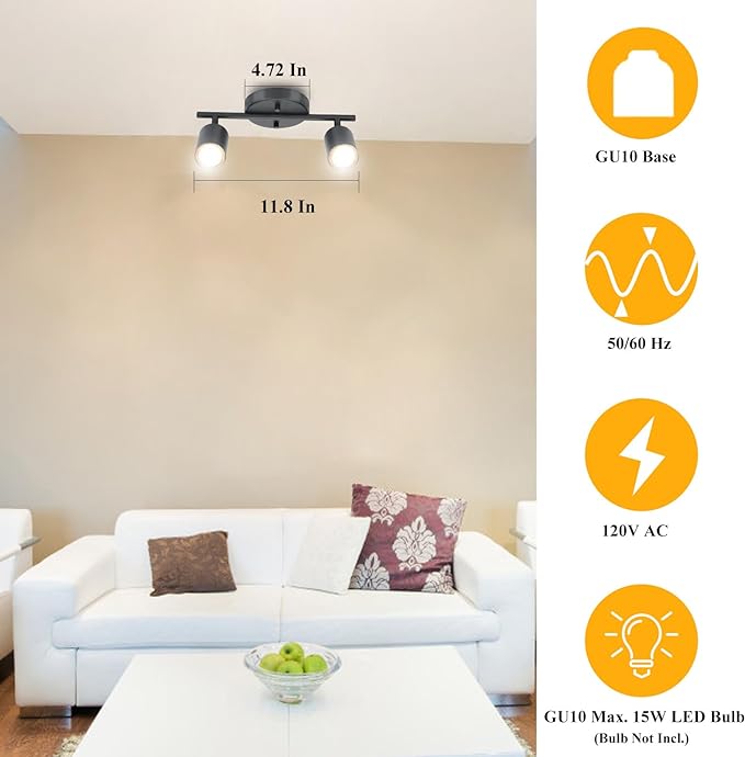 BoostArea LED 2 Light Track Lighting Kit, Black 2 Way Ceiling Spot Lighting, Flexibly Rotatable Light Head for Kitchen, Living Room, Bedroom, GU10 Bulb Not Included