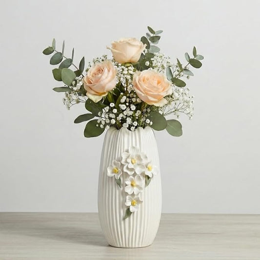White Vase - Modern Boho Vases for Centerpieces, Minimalist Decorative Flower Vase for Pampas Grass, Dining Room Table, Shelf, Bathroom Decor, 9 Inch