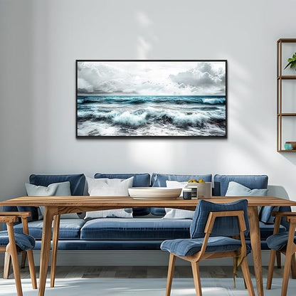 ERQINHUA Black And White Beach Canvas Wall Art For Living Room Wall Decoration For Bedroom Office Decor Blue Sea Wave Pictures Modern Hotel Room Home Decor Wall Painting Black Framed 20x40 In