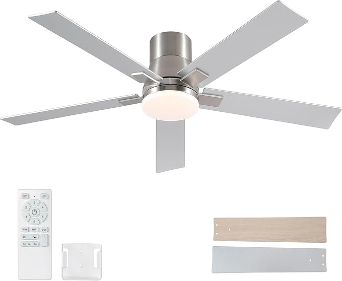 52 Inch Ceiling Fans with Lights and Remote,Flush Mount Brushed Nickel Ceiling Fan,6 Speed Reversible DC Motor, 3CCT Dimmable LED-Low Profile Design for Bedroom, Living room & Covered Outdoor
