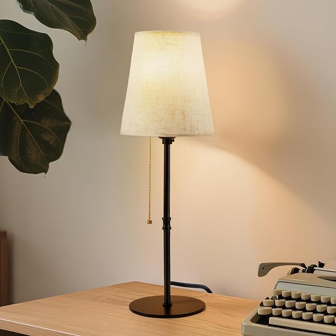 Vintage Fabric Table Lamp - 18" Linen Shade Desk Lamp, Pull Chain Switch