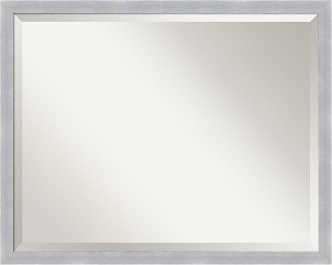 Amanti Art Silver Bathroom Mirror for Over Sink, 24x30 Grace Brushed Nickel Narrow Rectangle Vanity Mirror, Large Modern Frame, Hangs Horizonally and Vertically, Bathroom Wall Decor, Beveled Edge