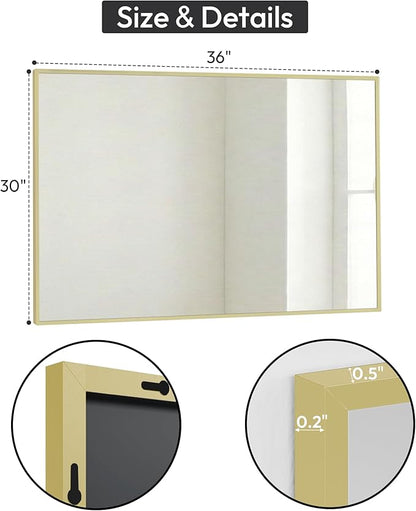 30" x 36" Gold Wall Mirror for Bathroom, 36" x 30" Metal Framed Accent Decor, Mid-Century Modern Mirror for Vanity & Bedroom