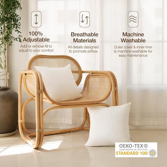 Coop Home Goods Essence Adjustable Throw Pillow Inserts 18x18, Set of 2, Adjustable Down Alternative Cushions for Couch, Bed, or Chair, Decorative Square Pillows for Living Room, Oeko-Tex Certified
