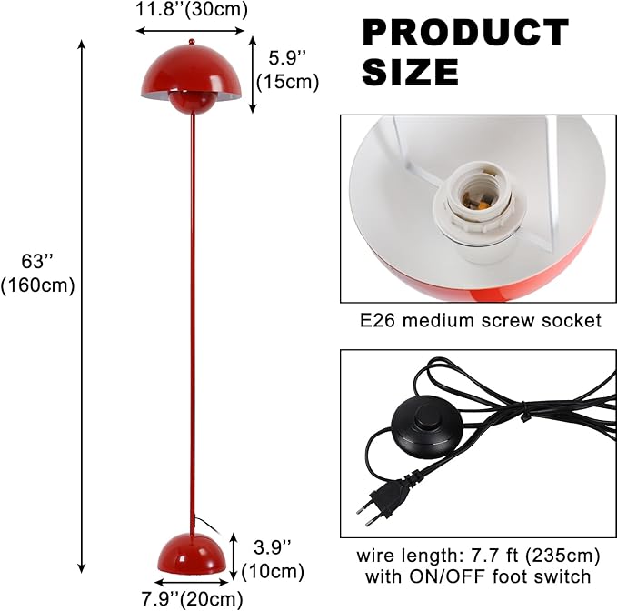 COSYLUX Modern Floor Lamp for Living Room, Industrial Tall Standing Lamp for Bedroom, Metal Shade Reflecting Light Reading Floor Lamp for Office, Nursery Room, Corner(Burgundy/Dark Red)