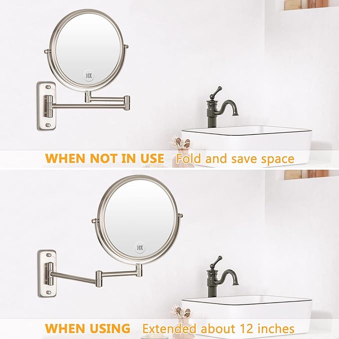 Wall Mounted Makeup Mirror - 1X/10X Magnifying Mirror Double Sided, 8 Inch Extendable Bathroom Mirror, Nickel Finish