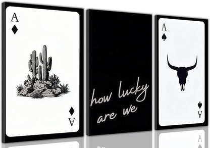 Yxjyzzkx 3-Piece Western Playing Card Wall Art Canvas Set, Black and White Cowboy Aesthetic Wall Decor, Ace of Spades Longhorn Minimalist Quote Canvas Prints for Living Room Bedroom Office