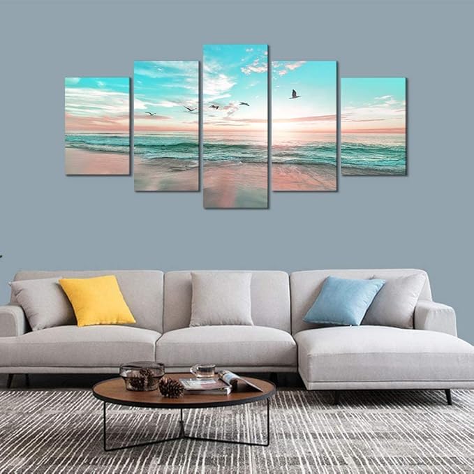 EPHANY Modern Ocean Beach Wall Art - Sunrise Sea Landscape, Canvas 5 Pieces, Blue Sea Sky Picture, Office & Living Room Wall Decor (D-5pcs,80"x40")