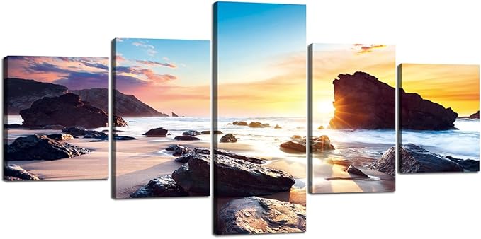 Sunset Beach Rocks Landscape Picture Modern Painting on Canvas 5 Panels Set Framed Wall Art for Living Room Bedroom Kitchen Home Decor Stretched Gallery Canvas Wrap Giclee Print (50''W x 24''H)