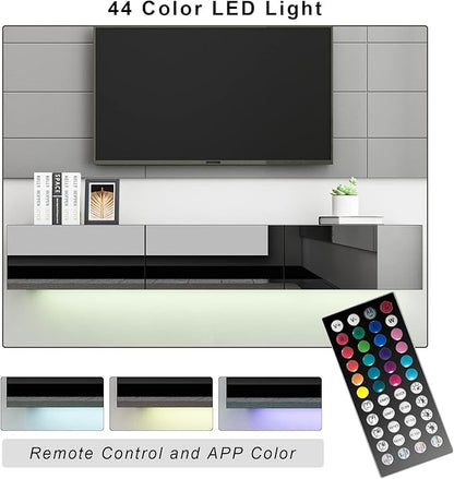 Homsee Floating LED TV Stand for TVs up to 70", Wall Mounted Wood Media Console with Glossy Surface & LED Lights, Modern Entertainment Center with 3 Drawers for Living Room, Bedroom, Black