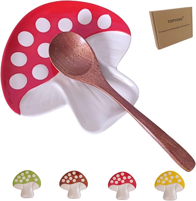 Ceramic Spoon Rest for Stove Top & Kitchen Counter Spoon Holder for Stove & Cooking Spoon Holder for Ladle Cute Spoon & Utensil Rest Tong Spatula Rest, Mushroom Kitchen Decor & Accessories (Red)