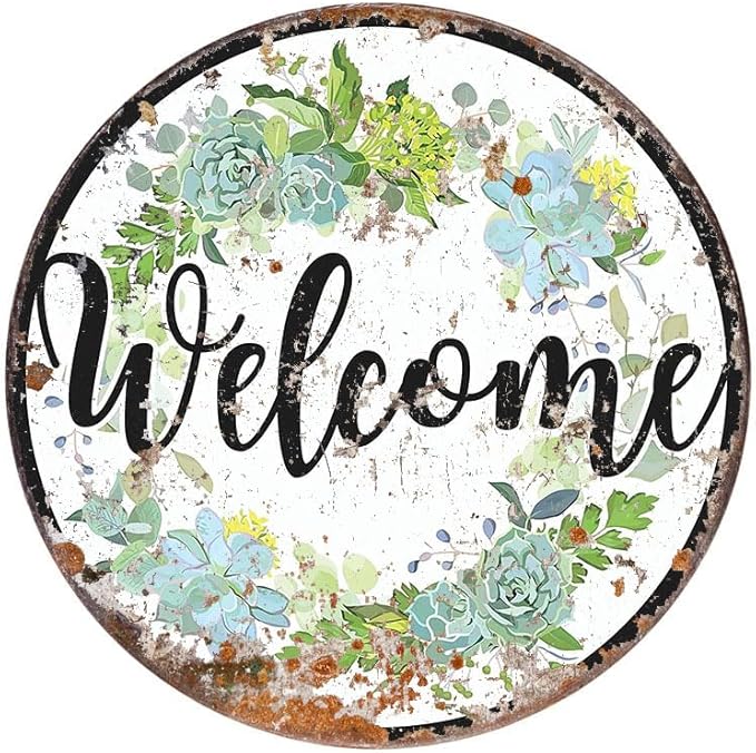 Vintage Style Round Tin Welcome Sign - Aluminum - Hanging Door Sign - Outdoor Welcome Wreath - 12x12 Inch