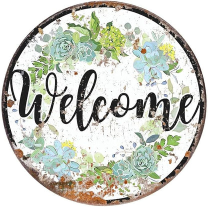 Vintage Style Round Tin Welcome Sign - Aluminum - Hanging Door Sign - Outdoor Welcome Wreath - 12x12 Inch