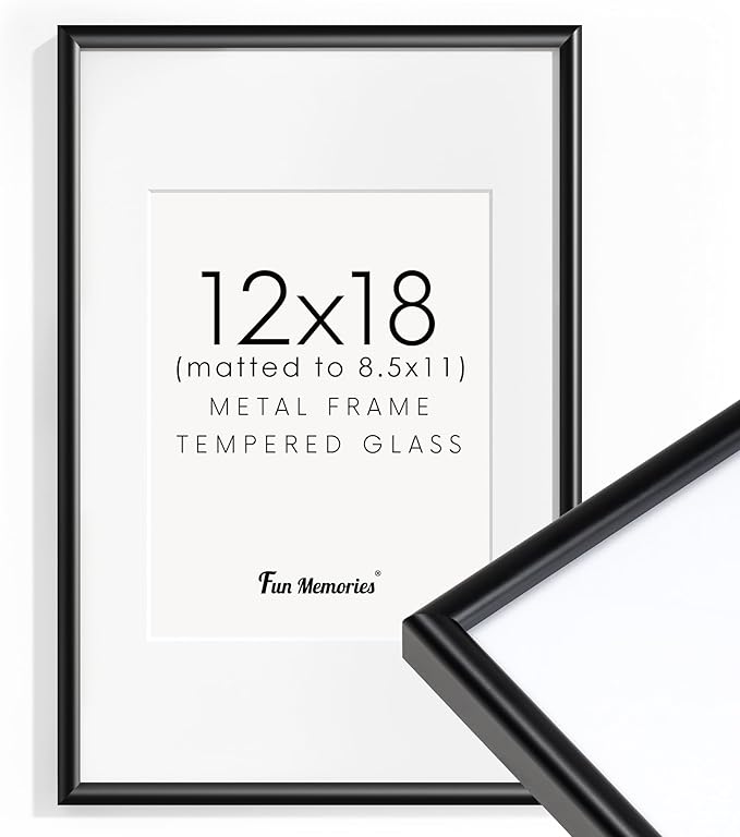 Fun Memories Black Picture Frame 12x18, 12 x 18 Aluminum Photo Frames for Wall, Metal 12x18 Frame Matted to 8.5x11, 12 by 18 Poster Frame with Tempered Real Glass, Modern Wall Gallery Frame Sets