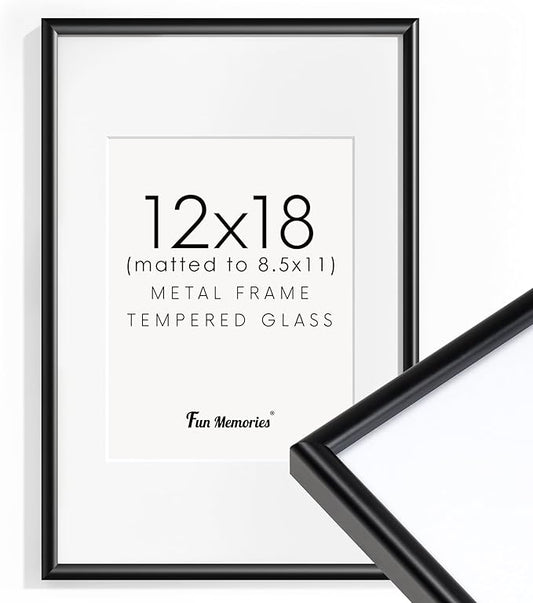 Fun Memories Black Picture Frame 12x18, 12 x 18 Aluminum Photo Frames for Wall, Metal 12x18 Frame Matted to 8.5x11, 12 by 18 Poster Frame with Tempered Real Glass, Modern Wall Gallery Frame Sets
