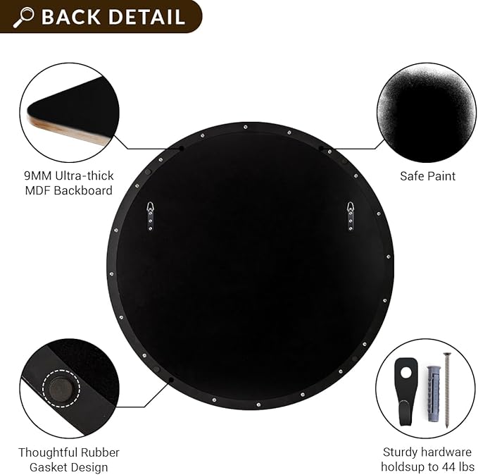 ANDY STAR Black Round Mirror Bathroom Mirrors, 28 Inch Vanity Mirror with Rust-Poof SUS304 Frame, Matte Black Mirror for Living Room, Powder Room, Entryway