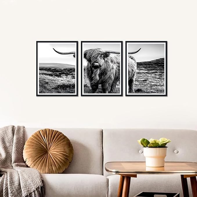 Black White Highland Cow Canvas Wall Art Vintage Hairy Cow Poster Rustic Farmhouse Animal Framed Wall Decor for Kitchen Living Room Bedroom Country House Decor Easy to Hand 12x16inchx3pcs