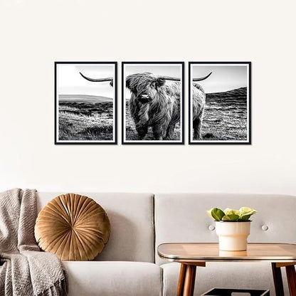 Black White Highland Cow Canvas Wall Art Vintage Hairy Cow Poster Rustic Farmhouse Animal Framed Wall Decor for Kitchen Living Room Bedroom Country House Decor Easy to Hand 12x16inchx3pcs