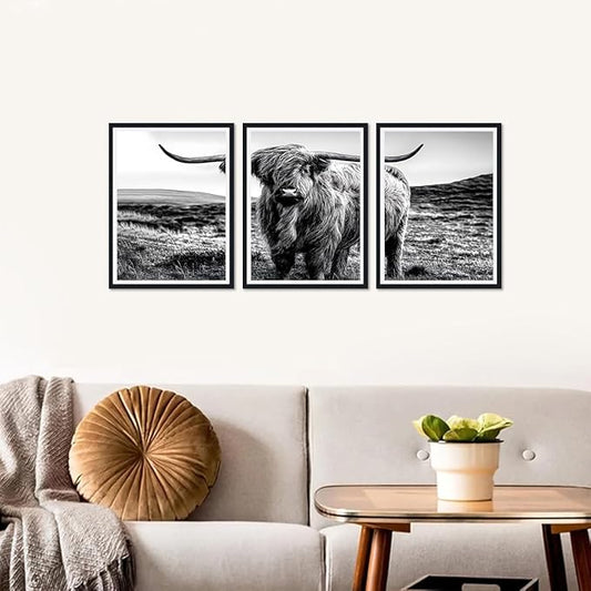 Black White Highland Cow Canvas Wall Art Vintage Hairy Cow Poster Rustic Farmhouse Animal Framed Wall Decor for Kitchen Living Room Bedroom Country House Decor Easy to Hand 12x16inchx3pcs