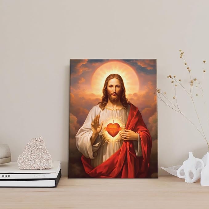 Sacred Heart of Jesus Canvas Wall Art Divine Mercy Painting Picture Wall Decor Religious Christ Jesus Portrait Poster Prints Artwork for Dining Living prayer Room Bedroom Home Decor 8x10in canvas