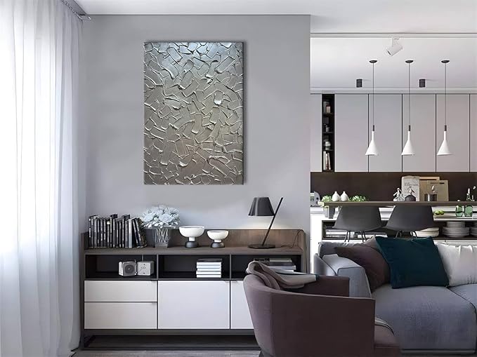 Slyart Handmade 3D Texture Wall Art Modern Abstract Painting 28x40 Inches Minimalist Silver Gray Artwork Oil Painting on Canvas Wall Decor for Living Room Bedroom