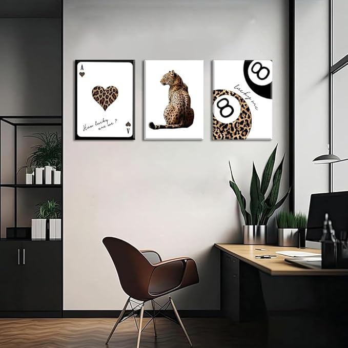 Set of 3 Trendy Leopard Canvas Wall Art, Cheetah & Lucky 8 Ball Playing Card Posters, Preppy Girly Aesthetic Room Decor for Bedroom Dorm Apartment, Framed Prints 16x24 or 12x16 Inch