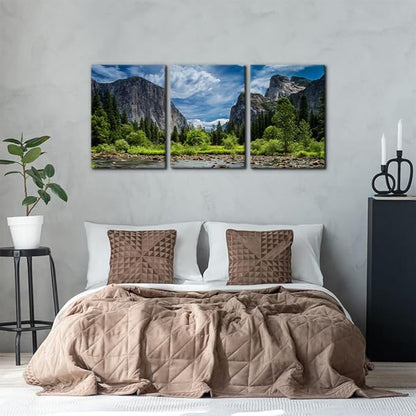 Pacimo 3 Pieces Green Wall Art Painting Yosemite National Park Clear Water Lake Mountain Trees Rocks Pictures Prints On Canvas Landscape Wall Decor for Home Modern Decoration Print - 20"x28"x3 Panel