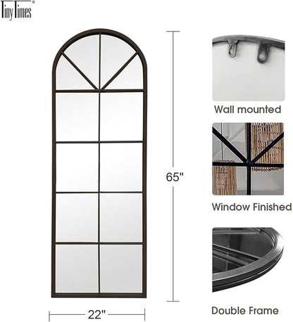 65×22" Arched Window Finished Full Length Mirror, Wall Mirror with Metal Frame, Home Decor Windowpane Mirror, Wall Mounted or Leaning, No Stand - Black
