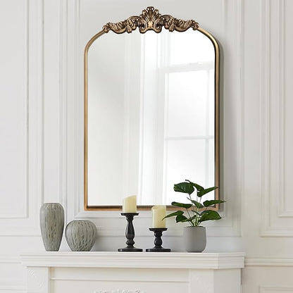 OUSHUAI Gold Antique Mirror,24"X36" Arched Bathroom Mirror,Victorian Antique Bronze Mirrors with Full Matel Frame,Wall Arch Mirror for Entryway/Bathroom/Fireplace