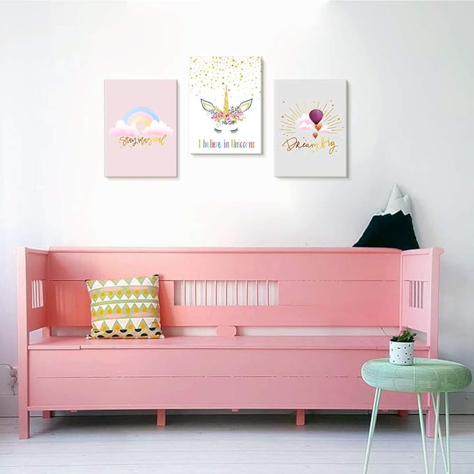 3 Pieces Unicorn Decor for Girls Room Princess Room Decor Rainbow Pink Toddler Girl Room Decor Canvas Prints Motivational Colorful Hot Air Balloon Cartoon Unicorns Framed Pictures for Teen Girl Women Nursery Bathroom Decor 12"x16"(30x40cm)