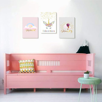 3 Pieces Unicorn Decor for Girls Room Princess Room Decor Rainbow Pink Toddler Girl Room Decor Canvas Prints Motivational Colorful Hot Air Balloon Cartoon Unicorns Framed Pictures for Teen Girl Women Nursery Bathroom Decor 12"x16"(30x40cm)
