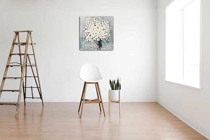 Waowumar Flowers Canvas Wall Art Blue and White Blossom Pictures Contemporary Palette Knife Floral Textured Painting for Bedroom Living Room Decor