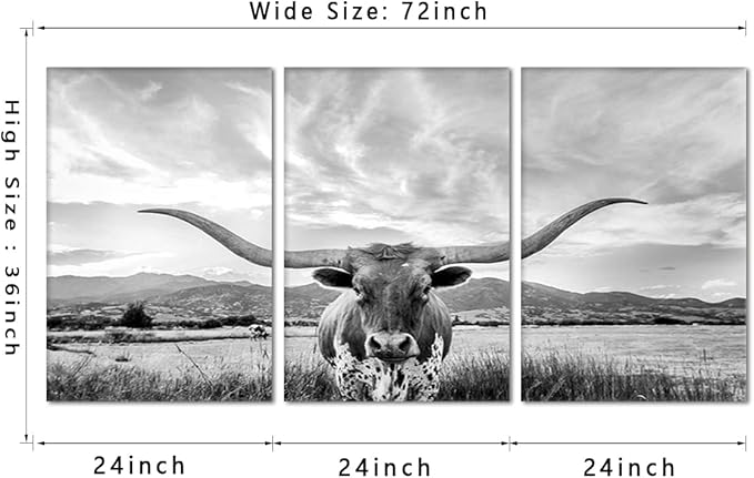 3 Panels Cow Canvas Wall Art Highland Cow Pictures Wall Decor Artwork Texas Longhorn Painting Modern Gray Posters Prints for Living Room Home Office Decor, Framed 24" Wx36 Hx3pcs