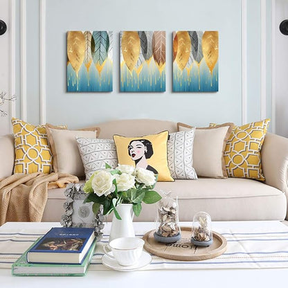 Fashion Wall Art for Living Room Family Wall Decor for Bedroom Modern Wall Decorations for Kitchen Canvas Art Golden Leaves Abstract Paintings Bathroom Hang Pictures Artwork Home Decoration 3 Pieces