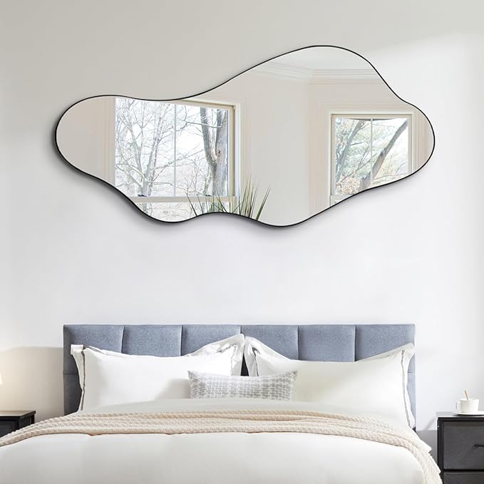 Large Irregular Mirror, 63"x30" Asymmetrical Aesthetic Wall Mirror with Metal Frame, Modern Organic Shaped Mirrors for Living Room Bedroom Hallway Entryway, Hangs Vertically or Horizontally