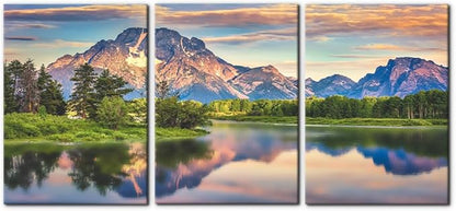 Pacimo Nature Canvas Wall Art Sunset Sunrise Mountain Pictures Grand Teton National Park Canvas Print River Forest Landscape Artwork for Living Room Bedroom Home Office Wall Decoration - 20"x28"x3