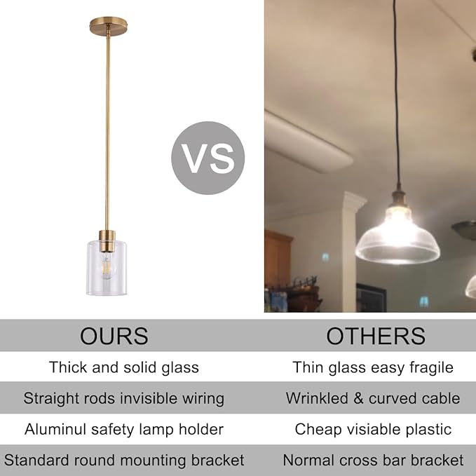 Brass Pendant Light for Kitchen Island 1 Pack, Modern Gold Hanging Light with Adjustable Rod, Farmhouse Brass Pendant Lighting for Dining Room Sink, Brass Rod Ceiling Hanging Light Fixture