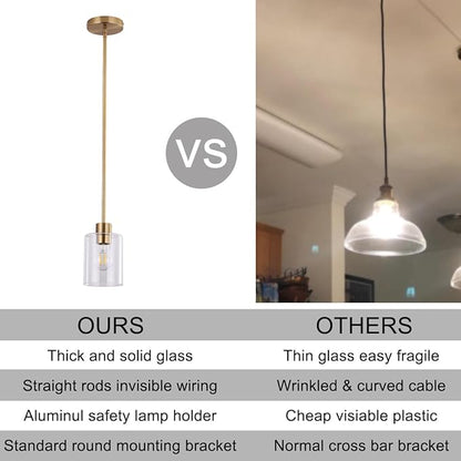 Brass Pendant Light for Kitchen Island 1 Pack, Modern Gold Hanging Light with Adjustable Rod, Farmhouse Brass Pendant Lighting for Dining Room Sink, Brass Rod Ceiling Hanging Light Fixture