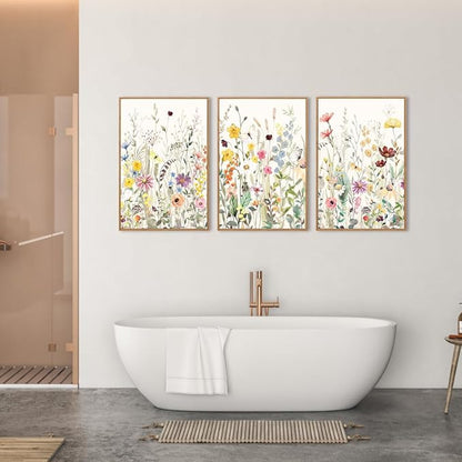 BINCUE Large Framed Floral Canvas Wall Art Colorful Wildflower Pictures Wall Decor Wildflower Artwork Flowers Pictures Floral Home Decor for Living Room Bedroom Office Farmhouse 16x24 Inches Set of 3 Gift