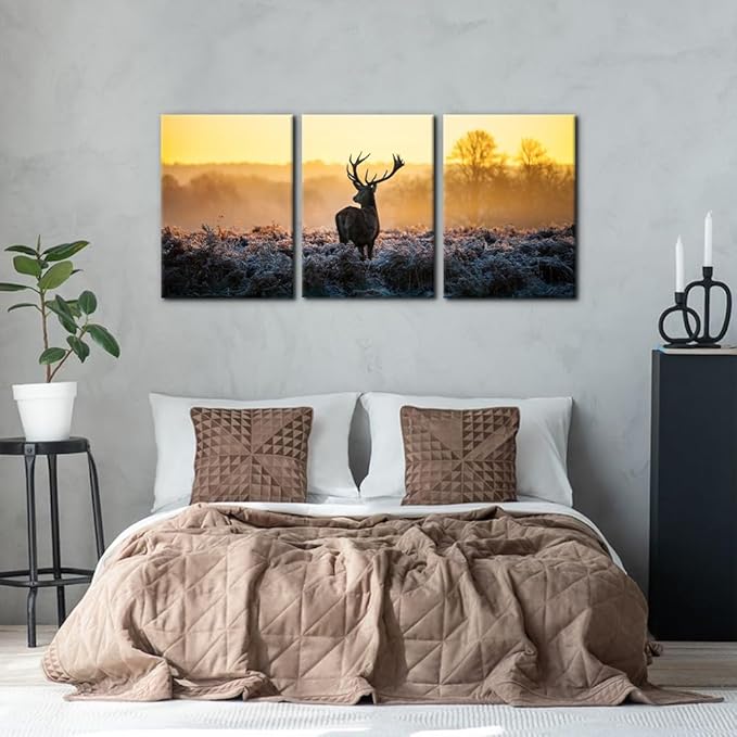 Pacimo Canvas Print Wall Art 3 Pieces Set Deer in Golden Light at Dawn Nature Wilderness Photography Realism Rustic Scenic Relax/Calm Multicolor for Living Room Bedroom Office Decor - 20"x28"x3 Panels