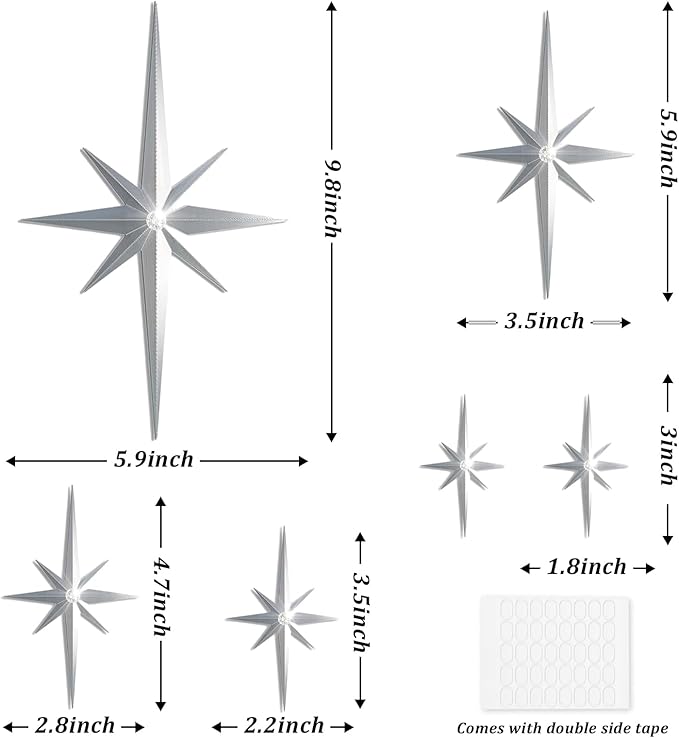 BreezeHug 6 Pcs Mid Century Modern Home Decor Star Art Wall Sculpture with Rhinestone Retro 3D Plastic Star Art Wall Sculpture Bling Diamonds Decor for Home Office Bedroom Entryway(Silver)
