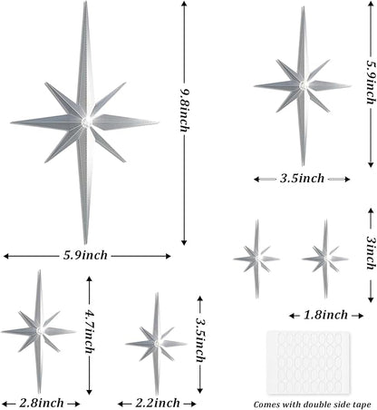 BreezeHug 6 Pcs Mid Century Modern Home Decor Star Art Wall Sculpture with Rhinestone Retro 3D Plastic Star Art Wall Sculpture Bling Diamonds Decor for Home Office Bedroom Entryway(Silver)