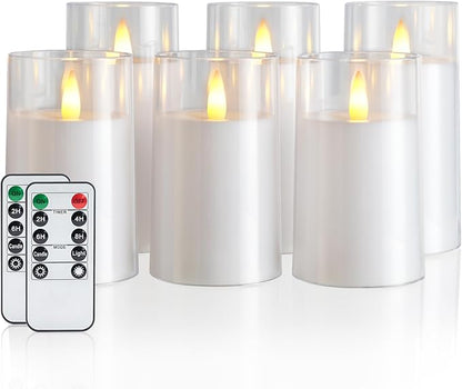 Amagic White Flameless Candles with Remote and Timer, Realistic Flickering Battery Operated Acrylic Led Pillar Fake Candles for Home Wedding Party Fall Christmas Decor, 3"×5" 5" 5" 6" 6" 6" Set of 6