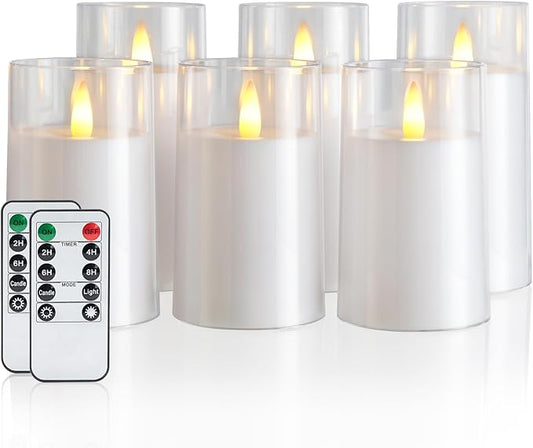 Amagic White Flameless Candles with Remote and Timer, Realistic Flickering Battery Operated Acrylic Led Pillar Fake Candles for Home Wedding Party Fall Christmas Decor, 3"×5" 5" 5" 6" 6" 6" Set of 6