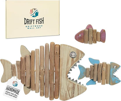 Driftwood Fish 3-in-1 Nautical Wall Decor - Handmade Wooden Rustic Coastal Wall Art for Living Room, Bedroom, Office, Bathroom - Ocean Beach Decoration (Skelly)