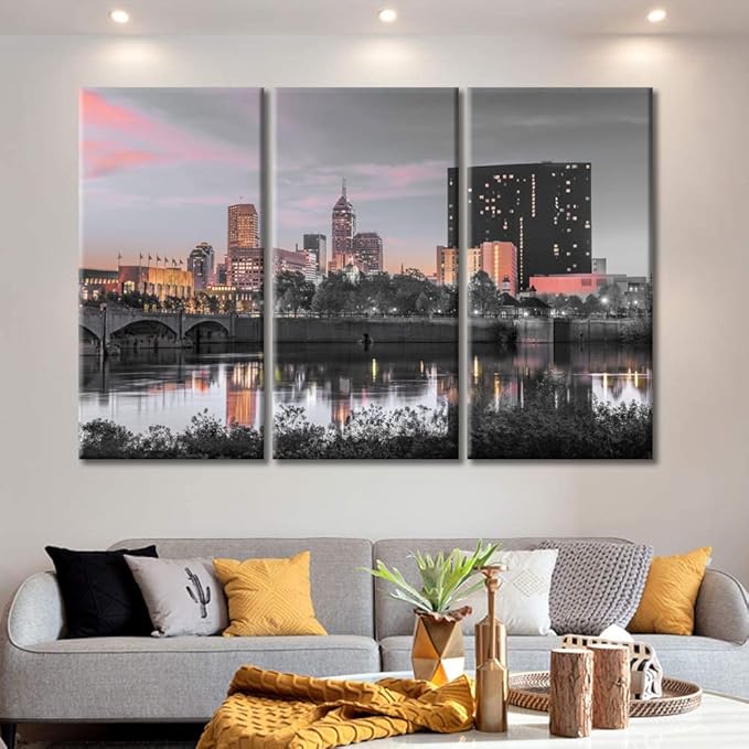 TUMOVO 3 Piece American Cityscape Black and White Wall Art Indianapolis Indiana USA Skyline on the White River at Dusk Artwork Wall Decor for Bedroom Framed Ready to Hang (42" Wx28 H)